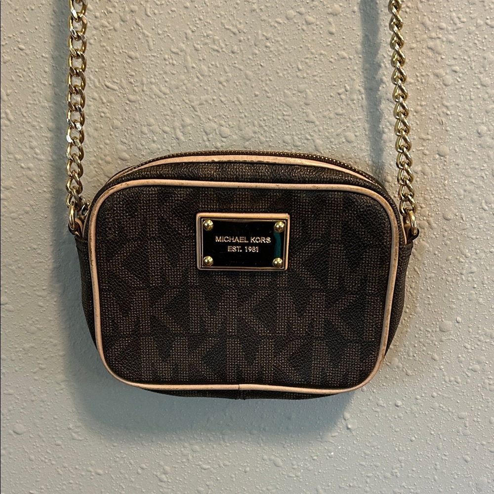 Michael Kors Brown Logo Crossbody with Gold Chain and Beige Trim